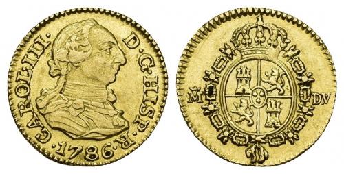 3403   -  CARLOS III. 1/2 escudo. 1786. Madrid. DV. AU 1,77 g. 14 mm. VI-1065. Rayita en anv. y golpecito en gráfila en rev. MBC+. 