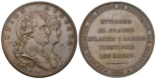 3405   -  CARLOS IV. Medalla. 1801. Invento de DROZ. Canto liso. Firma M.G.S. (Sepúlveda). AE 35,20 g. 39,5 mm. MPN-305 vte. EBC.
