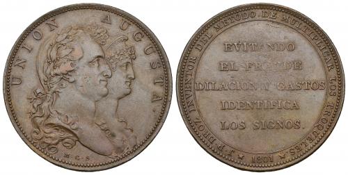 3406   -  CARLOS IV. Medalla. 1801. Invento de DROZ. Firma M.G.S. Sepúlveda. Canto estriado. AE 25,58 g. 39,5 mm. MPN-305 vte. EBC-.