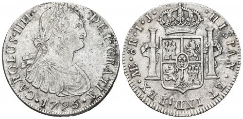 3409   -  CARLOS IV. 8 reales. 1795. Lima. IJ. AR 26,93 g. 40,05 mm. VI-757. Oxidaciones limpiadas. MBC/MBC+.