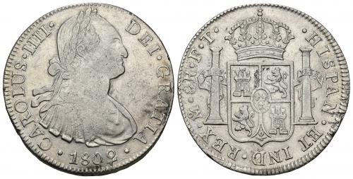 3413   -  CARLOS IV. 8 reales. 1802. México. FT. AR 26,88 g. 40 mm. VI-799. Pequeña rebaba en anv. MBC/MBC+.