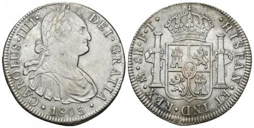 3414   -  CARLOS IV. 8 reales. 1803. México. FT. AR 26,78 g. 40,02 mm. VI-800. Oxidaciones limpiadas. MBC+.
