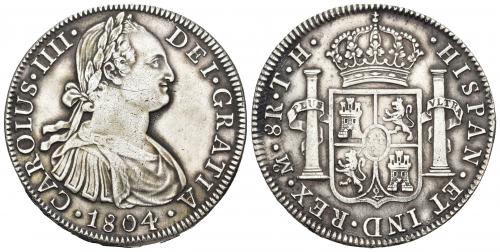 3415   -  CARLOS IV. 8 reales. 1804. México. TH. AR 26,94 g. 39,9 mm. VI-802. Resto de soldadura en el canto. MBC+.