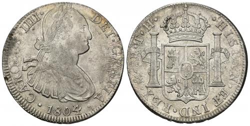 3416   -  CARLOS IV. 8 reales. 1804. México. TH. AR 27,04 g. 39,4 mm. VI-802. Oxidaciones limpiadas. MBC+.