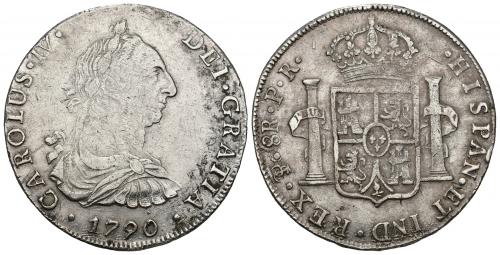 3417   -  CARLOS IV. 8 reales. 1790. Potosí. PR. AR 26,97 g. 41,3 mm. VI-809. Finas rayas en anv. y vano en rev. MBC.