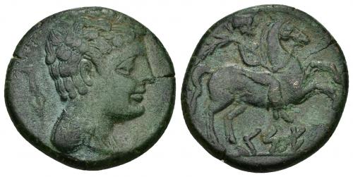 142 - HISPANIA ANTIGUA. KESE. As. A/ Cabeza masculina con cuello vestido y fíbula a der., detrás punta de lanza. R/ Jinete con palma a der., debajo sobre línea KeSE. AE 13,08 g. 26,3 mm. I-2284. ACIP-1146. Pequeña grieta. Bonita pátina verde. MBC.