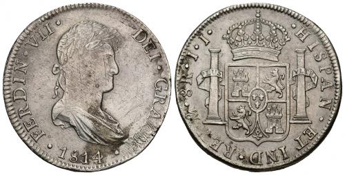 3425   -  FERNANDO VII. 8 reales. 1814. México. JJ. AR 26,74 g. 40,03 mm. VI-1094. Oxidaciones y finas rayas. MBC/MBC+.