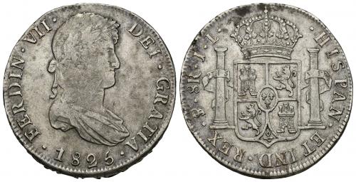 3428   -  FERNANDO VII. 8 reales. 1825. Potosí. JL. AR 26,91 g. 39,38 mm. VI-1148. Pequeñas hojitas en la gráfila del rev. MBC-/MBC.