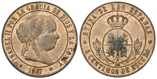 3435   -  ISABEL II. 5 céntimos de escudo. 1867. Barcelona OM. AE 12,61 g. 32,3 mm. VI-198. B.O. EBC.