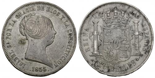3438   -  ISABEL II. 20 reales. 1855. Madrid. AR 25,65 g. 37,34 mm. VI-511. MBC/MBC-.