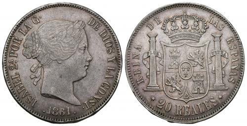 3439   -  ISABEL II. 20 reales. 1861. Madrid. AR 25,83 g. 37,16 mm. VI-517. Golpes en canto. MBC/MBC+.