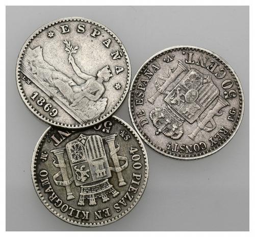 3441   -  GOBIERNO PROVISIONAL. Lote de 3 piezas: 2 de 50 céntimos de 1869, una de ellas con un limado circular en anv., y 1894. MBC-/MBC.