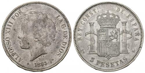 3446   -  ALFONSO XIII. 5 pesetas. 1893 *18-93. Madrid. PGL. AR 24,96 g. 37,43 mm. VI-185. MBC/MBC+.