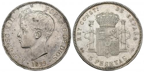 3448   -  ALFONSO XIII. 5 pesetas. 1899 *18-99. Madrid. SGV. AR 24,81 g. 37,57 mm. VI-191. Manchitas. R.B.O. EBC.