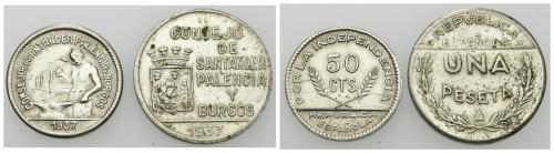 3450   -  GUERRA CIVIL. Lote de 2 piezaS: Consejo de Santander, Palencia y Burgos 50 céntimos PJR 1937 y 1 peseta. 1937. MBC/MBC+.