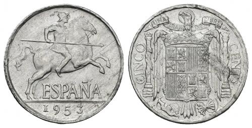 3452   -  FRANCISCO FRANCO. 5 céntimos. 1953. Madrid. AE 1,2 g. 20,16 mm. VII-274. EBC.