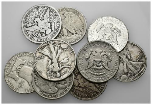 3467   -  MONEDAS EXTRANJERAS. ESTADOS UNIDOS DE AMÉRICA. Lote de 9 monedas 1/2 dólar: 1904, 1907, 1941, 1942, 1943, 1946, 1961, 1964 y 1971. 8 de plata y 1 de cuproníquel. BC+/SC.