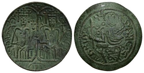 3477   -  MONEDAS EXTRANJERAS HUNGRÍA. Esteban IV (1162-1163). Bronce. A/ Bela II y Esteban IV sentados. R/ María sentada con el niño. AE 2,49 g. 26 mm. CNH-98. Pátina verde. MBC+.