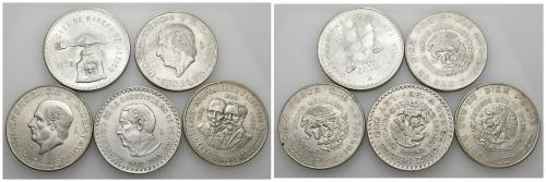 3485   -  MONEDAS EXTRANJERAS. MÉXICO. Lote de 5 monedas. 10 pesos (4: 1955 y 1956, KM-474; 1956 KM-475; 1960 KM-476), 1 onza troy 1979 KM-49b. MBC+/SC.
