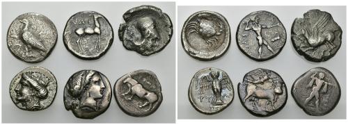 163   -  GRECIA ANTIGUA. Lote de 6 didracmas y estáteras diferentes: Neapolis, Poseidonia, Akragas, Caulonia, Anactorium y Amisos. BC/MBC+. Todas ex colección Guadán.
