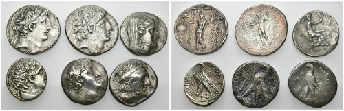 164   -  GRECIA ANTIGUA. Lote de 6 tetradracmas: Bizancio, Antíoco VIII (2), Demetrio II, Ptolomeo I y Ptolomeo X. BC+/MBC. Todas ex colección Guadán.