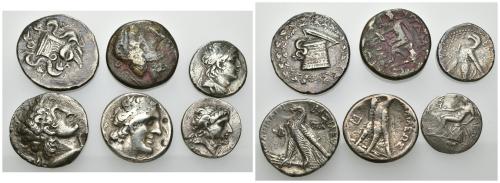 165   -  GRECIA ANTIGUA. Lote de 6 monedas: 2 tetradracmas, 1 cistóforo, 2 didracmas y 1 AE: Ptolomeo II, Ptolomeo XI, Attambelos (Characene), Antíoco Hierax y Antíoco VII. BC+/MBC-.Todas ex colección Guadán.