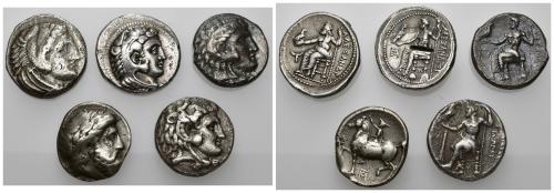 171   -  GRECIA ANTIGUA. Lote de 5 tetradracmas diferentes de Macedonia: Filipo II, Alejandro III (3) y Filipo III. BC+/MBC. Todas ex colección Guadán.