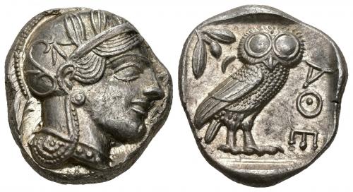 212   -  GRECIA ANTIGUA. ÁTICA. Atenas. Tetradracma (c. 479-393 a.C.). A/ Cabeza de Atenea a der. R/ Lechuza a der. AR 17,23 g. 23,41 mm. COP-37 ss. R.B.O.. EBC.