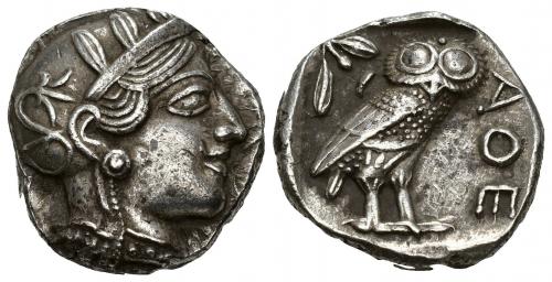 214   -  GRECIA ANTIGUA. ÁTICA. Atenas. Tetradracma (c. 479-393 a.C.). A/ Cabeza de Atenea a der. R/ Lechuza a der. AR 17,17 g. 22,07 mm. COP-34 ss. MBC+.
