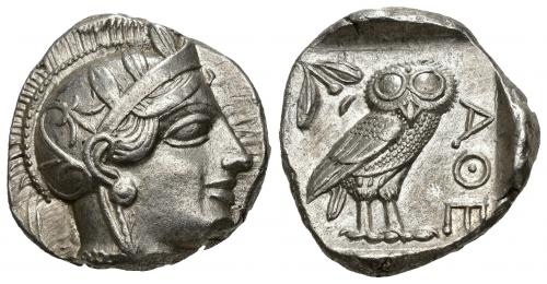 217   -  GRECIA ANTIGUA. ÁTICA. Atenas. Tetradracma (c. 479-393 a.C.). A/ Cabeza de Atenea a der. R/ Lechuza a der. AR 17,17 g. 24,85 mm. COP-34 ss. Faln pequeño. EBC. 