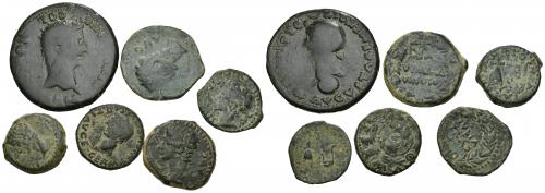 24   -  HISPANIA ANTIGUA. Lote de 6 piezas: Iulia Traducta (2), Colonia Patricia (2) y Colonia Romula (2). Dupondio , as (2) y semis (3). BC+/MBC-.