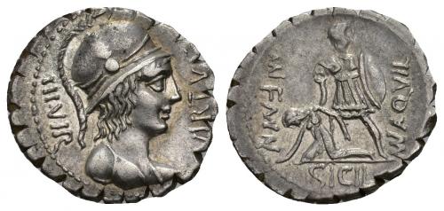 258   -  REPÚBLICA ROMANA. AQUILIA. Mn. Aquilius Mn. F. Mn. Denario. Roma (71 a.C.). A/ Busto de Virtus a der., delante VIRTVS, detrás III VIR. R/ Manlio Aquillio levantando a Sicilia; MN AQVIL MN F MN, exergo SICIL. AR 3,89 g. 19,54 mm. CRAW-400.1. FFC-167. EBC-/EBC.