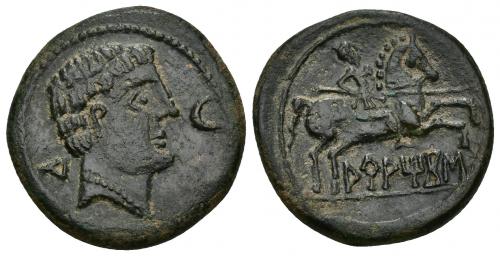 26 - HISPANIA ANTIGUA. ARATIKOS. Unidad. A/ Cabeza masculina a der., delante creciente y detrás signo ibérico A. R/ Jinete lancero a der., debajo sobre línea ARATiKoS. AE 8,8 g. 25,8 mm. I-66. ACIP-1805. Pátina oscura algo rugosa. MBC+. Rara.