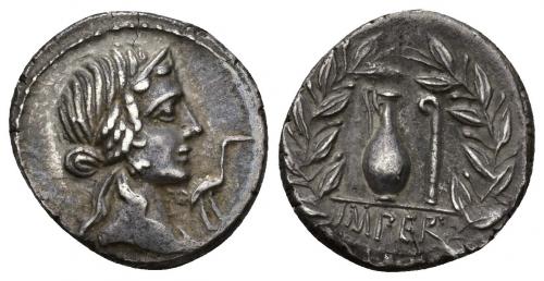 262   -  REPÚBLICA ROMANA. CAECILIA. Q. Caecilius Metellus Pius. Denario. Roma. (81 a.C.). A/ Cabeza de Pietas a der., delante cigüeña. R/ Lituus y jarra dentro de láurea, exergo IMPER. AR 3,85 g. 18,18 mm. CRAW-374.2. FFC-215. MBC+/EBC-.
