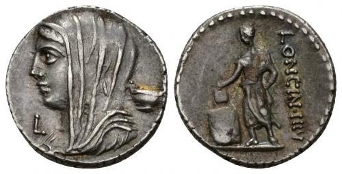 269   -  REPÚBLICA ROMANA. CASSIA. L. Cassius Longinus. Denario. Roma (63 a.C.). A/ Busto de Vesta a izq., delante L, detrás kylix. R/ Ciudadano votando a izq., LONGIN III V. AR 3,97 g. 18,57 mm. CRAW-413.1. FFC-561. Leves concreciones. EBC-.