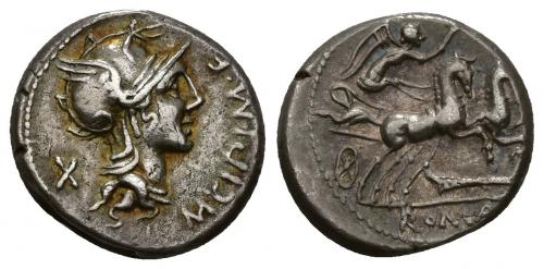 270   -  REPÚBLICA ROMANA. CIPIA. M. Cipius M. f. Denario. Roma (115-114 a.C.). A/ Cabeza de Roma a der., delante M CIPI M F, detrás X. R/ Victoria en biga a der., debajo timón, en exergo ROMA. AR 3,91 g. 16,70 mm. CRAW-289.1. FFC-563. Rev. ligeramente descentrado. MBC+.