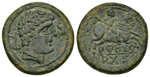 28 - HISPANIA ANTIGUA. AREKORATAS. Unidad. A/ Cabeza masculina con collar a der., delante y detrás delfín. R/ Jinete lancero a der.; debajo AREKoRATaS. AE 10,42 g. 25,2 mm. I-119. ACIP-1753. Rara.