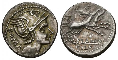 283   -  REPÚBLICA ROMANA. FLAMINIA. Lucius Flaminius Cilo. Denario. Roma (109-108 a.C.). A/ Cabeza de Roma a der., detrás ROMA. R/ Victoria en biga a der., debajo L FLAMINI/CILO. AR 3,99 g. 19,40 mm. CRAW-302.1. FFC-708. EBC-/MBC. 