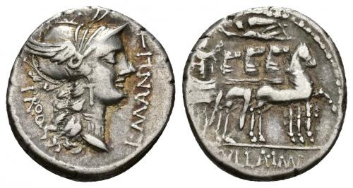 298 - REPÚBLICA ROMANA. MANLIA. L. Sulla y L. Manlius. Denario. Ceca móvil (82 a.C.). A/ Cabeza de Roma a der., delante L MANLI-T, detrás PROQ. R/ Sila en cuadriga a der. coronado por Victoria, en exergo (L S)VLLA IMP. AR 3,97 g. 17,40 mm. CRAW-367.3. FFC-843. MBC/MBC-. Rara.