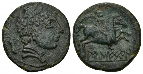 32 - HISPANIA ANTIGUA. AUSESKEN. Unidad. A/ Cabeza masculina con cuello vestido a der., detrás jabalí. R/ Jinete con palma a der., debajo sobre línea AUSESKeN. AE 9,32 g. 26,3 mm. I-170. ACIP-1301. Pátina verde oscuro. MBC/MBC+.