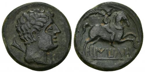 34 - HISPANIA ANTIGUA. BAITOLO. Unidad. A/ Cabeza masculina con cuello vestido a der., detrás timón. R/ Jinete con palma a der., debajo sobre línea BaIToLO. AE 11,04 g. 27,4 mm. I-190. ACIP-1377. Pátina oscura. MBC+/MBC. Muy escasa.