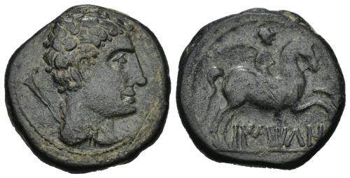 35 - HISPANIA ANTIGUA. BAITOLO. Unidad. A/ Cabeza masculina con cuello vestido a der., detrás timón. R/ Jinete con palma a der., debajo sobre línea BaIToLO. AE 14,59 g. 27,6 mm. I-190. ACIP-1378. Pátina oscura. MBC+/MBC. Escasa.