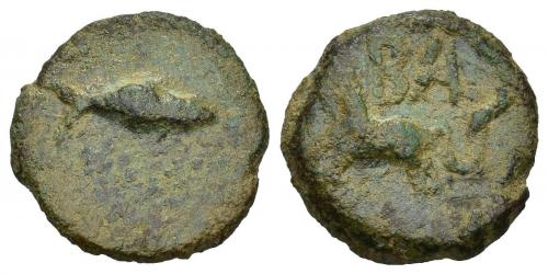 36 - HISPANIA ANTIGUA. BALSA. Divisor. A/ Atún. R/ Caballo galopando a izq., encima BALS. AE 4,64 g. 18,7 mm. I-197. ACIP-2510. Pátina verde. BC+. Rara. Compra privada Pliego (1995).