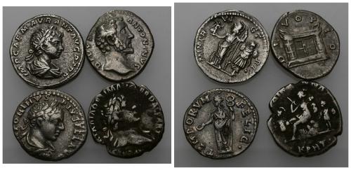 377   -  IMPERIO ROMANO. Lote de 4 denarios: Trajano, Antonino Pío, Caracalla y Heliogábalo. BC+/MBC.