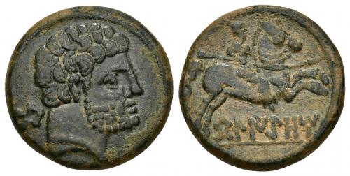 38 - HISPANIA ANTIGUA. BELIKIO. Unidad. A/ Cabeza masculina con collar a der., detrás Be. R/ Jinete lancero a der., debajo sobre línea BeLIKIOM. AE 8,91 g. 22,8 mm. I-243. ACIP-1433. Pátina verde oscuro. MBC+/MBC.