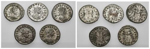 382   -  IMPERIO ROMANO. Lote de 5 antoninianos: Aureliano (1), Probo (3) y Maximiano (1). Todos con plateado original. MBC+/EBC-.
