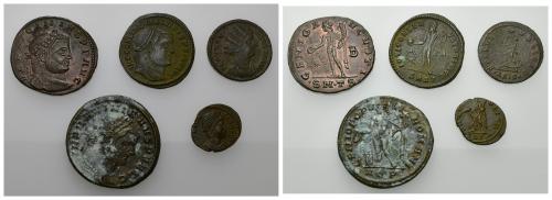 385   -  IMPERIO ROMANO. Lote de 5 piezas: Elena, Fausta, Licinio I, Maximiano Hércules y Maximiano II. Follis módulo grande (3), pequeño (1) y AE-3 (1). MBC/EBC.