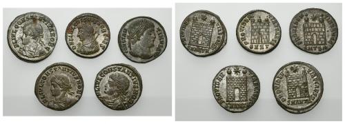 386   -  IMPERIO ROMANO. Lote de 5 follis reducidos: Constantino I (1), Crispo (1), Constantino II (2) y Constancio II (1). R.B.O. EBC-/EBC.