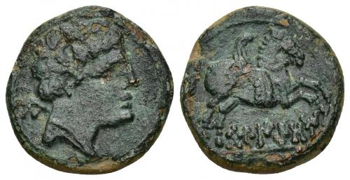39 - HISPANIA ANTIGUA. BELIKION. Semis. A/ Cabeza masculina a der., detrás Be. R/ Pegaso a der., debajo sobre línea BeLIKiON. AE 5,57 g. 19,6 mm. I-245. ACIP-1435. Pátina verde oscuro con alguna erosión. Golpe en anv. MBC-/MBC. Muy escasa.