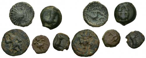4 - HISPANIA ANTIGUA. Lote de 5 piezas diferentes de Ebusus: cuarto (2) y octavo (3). BC+/MBC-.